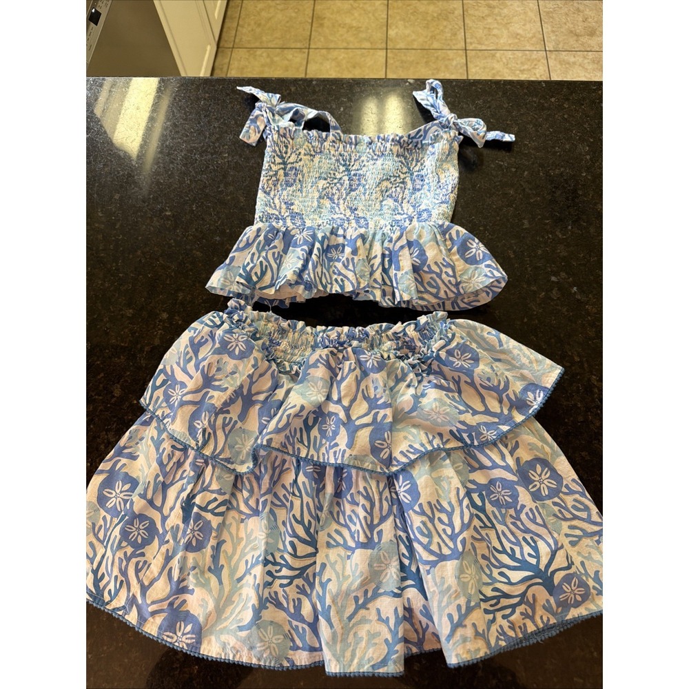 Haute Hippie 2-pc Set Top Skirt Tiered Ruffle Blue White Ruched Peplum Sz XS/S